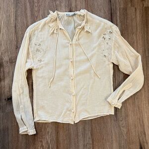 Vintage Emmanuelle Khanh Blouse Women’s Small Ivory Cream Peasant Leaves Eyelet